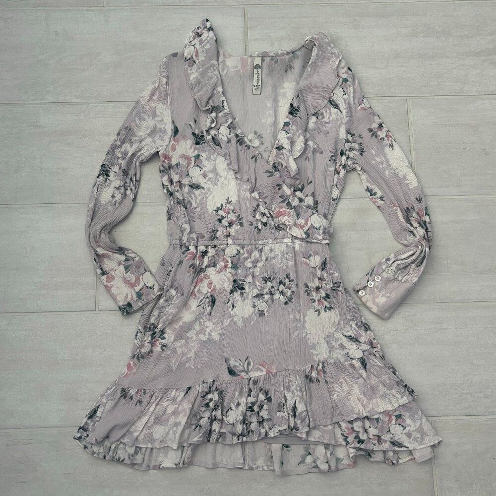 American Rag Floral Printed Ruffle Trim Wrap Dress Gray Mini Floral V-Neck Small